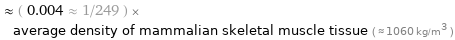  ≈ ( 0.004 ≈ 1/249 ) × average density of mammalian skeletal muscle tissue ( ≈ 1060 kg/m^3 )