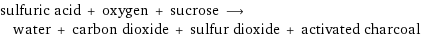 sulfuric acid + oxygen + sucrose ⟶ water + carbon dioxide + sulfur dioxide + activated charcoal