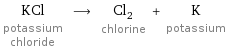 KCl potassium chloride ⟶ Cl_2 chlorine + K potassium