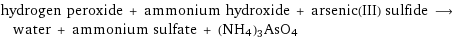 hydrogen peroxide + ammonium hydroxide + arsenic(III) sulfide ⟶ water + ammonium sulfate + (NH4)3AsO4