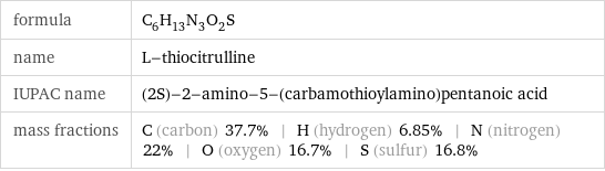 formula | C_6H_13N_3O_2S name | L-thiocitrulline IUPAC name | (2S)-2-amino-5-(carbamothioylamino)pentanoic acid mass fractions | C (carbon) 37.7% | H (hydrogen) 6.85% | N (nitrogen) 22% | O (oxygen) 16.7% | S (sulfur) 16.8%