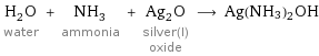 H_2O water + NH_3 ammonia + Ag_2O silver(I) oxide ⟶ Ag(NH3)2OH