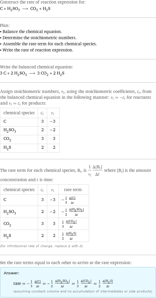 Construct the rate of reaction expression for: C + H_2SO_3 ⟶ CO_2 + H_2S Plan: • Balance the chemical equation. • Determine the stoichiometric numbers. • Assemble the rate term for each chemical species. • Write the rate of reaction expression. Write the balanced chemical equation: 3 C + 2 H_2SO_3 ⟶ 3 CO_2 + 2 H_2S Assign stoichiometric numbers, ν_i, using the stoichiometric coefficients, c_i, from the balanced chemical equation in the following manner: ν_i = -c_i for reactants and ν_i = c_i for products: chemical species | c_i | ν_i C | 3 | -3 H_2SO_3 | 2 | -2 CO_2 | 3 | 3 H_2S | 2 | 2 The rate term for each chemical species, B_i, is 1/ν_i(Δ[B_i])/(Δt) where [B_i] is the amount concentration and t is time: chemical species | c_i | ν_i | rate term C | 3 | -3 | -1/3 (Δ[C])/(Δt) H_2SO_3 | 2 | -2 | -1/2 (Δ[H2SO3])/(Δt) CO_2 | 3 | 3 | 1/3 (Δ[CO2])/(Δt) H_2S | 2 | 2 | 1/2 (Δ[H2S])/(Δt) (for infinitesimal rate of change, replace Δ with d) Set the rate terms equal to each other to arrive at the rate expression: Answer: |   | rate = -1/3 (Δ[C])/(Δt) = -1/2 (Δ[H2SO3])/(Δt) = 1/3 (Δ[CO2])/(Δt) = 1/2 (Δ[H2S])/(Δt) (assuming constant volume and no accumulation of intermediates or side products)