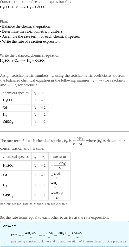 Construct the rate of reaction expression for: H_2SO_4 + Cd ⟶ H_2 + CdSO_4 Plan: • Balance the chemical equation. • Determine the stoichiometric numbers. • Assemble the rate term for each chemical species. • Write the rate of reaction expression. Write the balanced chemical equation: H_2SO_4 + Cd ⟶ H_2 + CdSO_4 Assign stoichiometric numbers, ν_i, using the stoichiometric coefficients, c_i, from the balanced chemical equation in the following manner: ν_i = -c_i for reactants and ν_i = c_i for products: chemical species | c_i | ν_i H_2SO_4 | 1 | -1 Cd | 1 | -1 H_2 | 1 | 1 CdSO_4 | 1 | 1 The rate term for each chemical species, B_i, is 1/ν_i(Δ[B_i])/(Δt) where [B_i] is the amount concentration and t is time: chemical species | c_i | ν_i | rate term H_2SO_4 | 1 | -1 | -(Δ[H2SO4])/(Δt) Cd | 1 | -1 | -(Δ[Cd])/(Δt) H_2 | 1 | 1 | (Δ[H2])/(Δt) CdSO_4 | 1 | 1 | (Δ[CdSO4])/(Δt) (for infinitesimal rate of change, replace Δ with d) Set the rate terms equal to each other to arrive at the rate expression: Answer: |   | rate = -(Δ[H2SO4])/(Δt) = -(Δ[Cd])/(Δt) = (Δ[H2])/(Δt) = (Δ[CdSO4])/(Δt) (assuming constant volume and no accumulation of intermediates or side products)