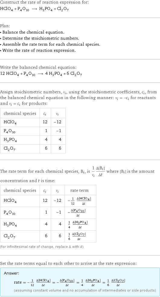 Construct the rate of reaction expression for: HClO_4 + P_4O_10 ⟶ H_3PO_4 + Cl_2O_7 Plan: • Balance the chemical equation. • Determine the stoichiometric numbers. • Assemble the rate term for each chemical species. • Write the rate of reaction expression. Write the balanced chemical equation: 12 HClO_4 + P_4O_10 ⟶ 4 H_3PO_4 + 6 Cl_2O_7 Assign stoichiometric numbers, ν_i, using the stoichiometric coefficients, c_i, from the balanced chemical equation in the following manner: ν_i = -c_i for reactants and ν_i = c_i for products: chemical species | c_i | ν_i HClO_4 | 12 | -12 P_4O_10 | 1 | -1 H_3PO_4 | 4 | 4 Cl_2O_7 | 6 | 6 The rate term for each chemical species, B_i, is 1/ν_i(Δ[B_i])/(Δt) where [B_i] is the amount concentration and t is time: chemical species | c_i | ν_i | rate term HClO_4 | 12 | -12 | -1/12 (Δ[HClO4])/(Δt) P_4O_10 | 1 | -1 | -(Δ[P4O10])/(Δt) H_3PO_4 | 4 | 4 | 1/4 (Δ[H3PO4])/(Δt) Cl_2O_7 | 6 | 6 | 1/6 (Δ[Cl2O7])/(Δt) (for infinitesimal rate of change, replace Δ with d) Set the rate terms equal to each other to arrive at the rate expression: Answer: |   | rate = -1/12 (Δ[HClO4])/(Δt) = -(Δ[P4O10])/(Δt) = 1/4 (Δ[H3PO4])/(Δt) = 1/6 (Δ[Cl2O7])/(Δt) (assuming constant volume and no accumulation of intermediates or side products)
