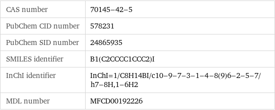 CAS number | 70145-42-5 PubChem CID number | 578231 PubChem SID number | 24865935 SMILES identifier | B1(C2CCCC1CCC2)I InChI identifier | InChI=1/C8H14BI/c10-9-7-3-1-4-8(9)6-2-5-7/h7-8H, 1-6H2 MDL number | MFCD00192226