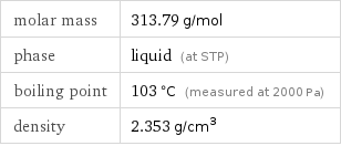 molar mass | 313.79 g/mol phase | liquid (at STP) boiling point | 103 °C (measured at 2000 Pa) density | 2.353 g/cm^3