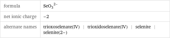 formula | (SeO_3)^(2-) net ionic charge | -2 alternate names | trioxoselenate(IV) | trioxidoselenate(IV) | selenite | selenite(2-)