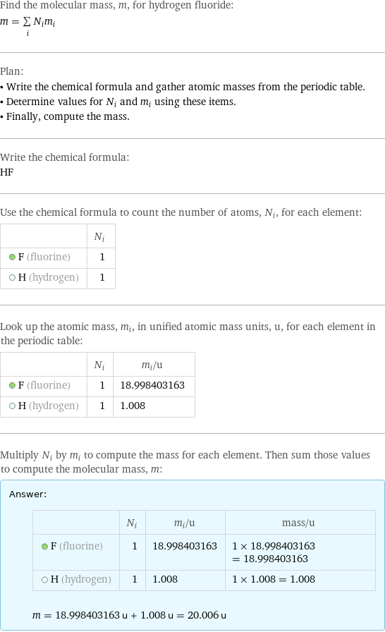 Find the molecular mass, m, for hydrogen fluoride: m = sum _iN_im_i Plan: • Write the chemical formula and gather atomic masses from the periodic table. • Determine values for N_i and m_i using these items. • Finally, compute the mass. Write the chemical formula: HF Use the chemical formula to count the number of atoms, N_i, for each element:  | N_i  F (fluorine) | 1  H (hydrogen) | 1 Look up the atomic mass, m_i, in unified atomic mass units, u, for each element in the periodic table:  | N_i | m_i/u  F (fluorine) | 1 | 18.998403163  H (hydrogen) | 1 | 1.008 Multiply N_i by m_i to compute the mass for each element. Then sum those values to compute the molecular mass, m: Answer: |   | | N_i | m_i/u | mass/u  F (fluorine) | 1 | 18.998403163 | 1 × 18.998403163 = 18.998403163  H (hydrogen) | 1 | 1.008 | 1 × 1.008 = 1.008  m = 18.998403163 u + 1.008 u = 20.006 u