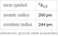 term symbol | ^2S_(1/2) atomic radius | 260 pm covalent radius | 244 pm (electronic ground state properties)