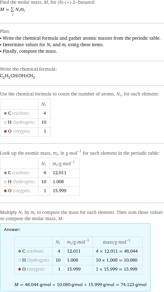 Find the molar mass, M, for (S)-(+)-2-butanol: M = sum _iN_im_i Plan: • Write the chemical formula and gather atomic masses from the periodic table. • Determine values for N_i and m_i using these items. • Finally, compute the mass. Write the chemical formula: C_2H_5CH(OH)CH_3 Use the chemical formula to count the number of atoms, N_i, for each element:  | N_i  C (carbon) | 4  H (hydrogen) | 10  O (oxygen) | 1 Look up the atomic mass, m_i, in g·mol^(-1) for each element in the periodic table:  | N_i | m_i/g·mol^(-1)  C (carbon) | 4 | 12.011  H (hydrogen) | 10 | 1.008  O (oxygen) | 1 | 15.999 Multiply N_i by m_i to compute the mass for each element. Then sum those values to compute the molar mass, M: Answer: |   | | N_i | m_i/g·mol^(-1) | mass/g·mol^(-1)  C (carbon) | 4 | 12.011 | 4 × 12.011 = 48.044  H (hydrogen) | 10 | 1.008 | 10 × 1.008 = 10.080  O (oxygen) | 1 | 15.999 | 1 × 15.999 = 15.999  M = 48.044 g/mol + 10.080 g/mol + 15.999 g/mol = 74.123 g/mol