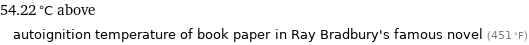 54.22 °C above autoignition temperature of book paper in Ray Bradbury's famous novel (451 °F)