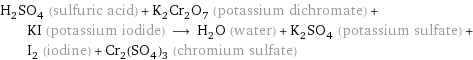 H_2SO_4 (sulfuric acid) + K_2Cr_2O_7 (potassium dichromate) + KI (potassium iodide) ⟶ H_2O (water) + K_2SO_4 (potassium sulfate) + I_2 (iodine) + Cr_2(SO_4)_3 (chromium sulfate)