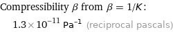 Compressibility β from β = 1/K:  | 1.3×10^-11 Pa^(-1) (reciprocal pascals)