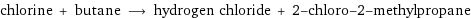 chlorine + butane ⟶ hydrogen chloride + 2-chloro-2-methylpropane