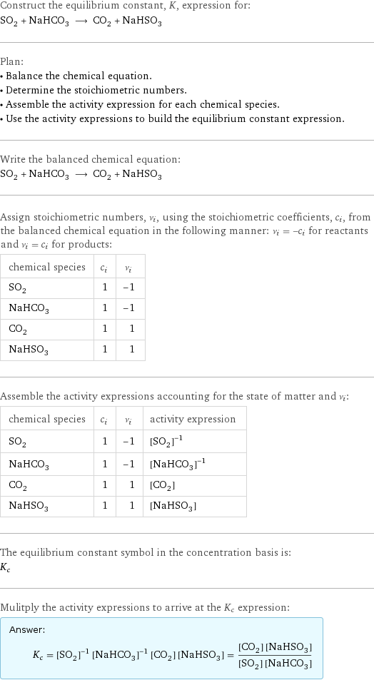 Construct the equilibrium constant, K, expression for: SO_2 + NaHCO_3 ⟶ CO_2 + NaHSO_3 Plan: • Balance the chemical equation. • Determine the stoichiometric numbers. • Assemble the activity expression for each chemical species. • Use the activity expressions to build the equilibrium constant expression. Write the balanced chemical equation: SO_2 + NaHCO_3 ⟶ CO_2 + NaHSO_3 Assign stoichiometric numbers, ν_i, using the stoichiometric coefficients, c_i, from the balanced chemical equation in the following manner: ν_i = -c_i for reactants and ν_i = c_i for products: chemical species | c_i | ν_i SO_2 | 1 | -1 NaHCO_3 | 1 | -1 CO_2 | 1 | 1 NaHSO_3 | 1 | 1 Assemble the activity expressions accounting for the state of matter and ν_i: chemical species | c_i | ν_i | activity expression SO_2 | 1 | -1 | ([SO2])^(-1) NaHCO_3 | 1 | -1 | ([NaHCO3])^(-1) CO_2 | 1 | 1 | [CO2] NaHSO_3 | 1 | 1 | [NaHSO3] The equilibrium constant symbol in the concentration basis is: K_c Mulitply the activity expressions to arrive at the K_c expression: Answer: |   | K_c = ([SO2])^(-1) ([NaHCO3])^(-1) [CO2] [NaHSO3] = ([CO2] [NaHSO3])/([SO2] [NaHCO3])