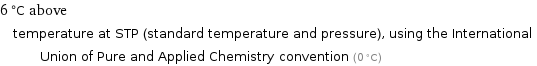 6 °C above temperature at STP (standard temperature and pressure), using the International Union of Pure and Applied Chemistry convention (0 °C)