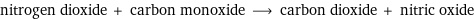 nitrogen dioxide + carbon monoxide ⟶ carbon dioxide + nitric oxide