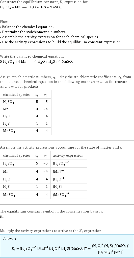 Construct the equilibrium constant, K, expression for: H_2SO_4 + Mn ⟶ H_2O + H_2S + MnSO_4 Plan: • Balance the chemical equation. • Determine the stoichiometric numbers. • Assemble the activity expression for each chemical species. • Use the activity expressions to build the equilibrium constant expression. Write the balanced chemical equation: 5 H_2SO_4 + 4 Mn ⟶ 4 H_2O + H_2S + 4 MnSO_4 Assign stoichiometric numbers, ν_i, using the stoichiometric coefficients, c_i, from the balanced chemical equation in the following manner: ν_i = -c_i for reactants and ν_i = c_i for products: chemical species | c_i | ν_i H_2SO_4 | 5 | -5 Mn | 4 | -4 H_2O | 4 | 4 H_2S | 1 | 1 MnSO_4 | 4 | 4 Assemble the activity expressions accounting for the state of matter and ν_i: chemical species | c_i | ν_i | activity expression H_2SO_4 | 5 | -5 | ([H2SO4])^(-5) Mn | 4 | -4 | ([Mn])^(-4) H_2O | 4 | 4 | ([H2O])^4 H_2S | 1 | 1 | [H2S] MnSO_4 | 4 | 4 | ([MnSO4])^4 The equilibrium constant symbol in the concentration basis is: K_c Mulitply the activity expressions to arrive at the K_c expression: Answer: |   | K_c = ([H2SO4])^(-5) ([Mn])^(-4) ([H2O])^4 [H2S] ([MnSO4])^4 = (([H2O])^4 [H2S] ([MnSO4])^4)/(([H2SO4])^5 ([Mn])^4)