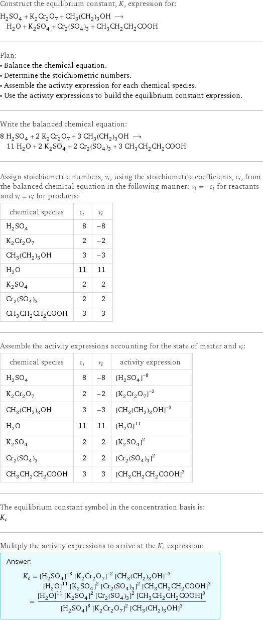 Construct the equilibrium constant, K, expression for: H_2SO_4 + K_2Cr_2O_7 + CH_3(CH_2)_3OH ⟶ H_2O + K_2SO_4 + Cr_2(SO_4)_3 + CH_3CH_2CH_2COOH Plan: • Balance the chemical equation. • Determine the stoichiometric numbers. • Assemble the activity expression for each chemical species. • Use the activity expressions to build the equilibrium constant expression. Write the balanced chemical equation: 8 H_2SO_4 + 2 K_2Cr_2O_7 + 3 CH_3(CH_2)_3OH ⟶ 11 H_2O + 2 K_2SO_4 + 2 Cr_2(SO_4)_3 + 3 CH_3CH_2CH_2COOH Assign stoichiometric numbers, ν_i, using the stoichiometric coefficients, c_i, from the balanced chemical equation in the following manner: ν_i = -c_i for reactants and ν_i = c_i for products: chemical species | c_i | ν_i H_2SO_4 | 8 | -8 K_2Cr_2O_7 | 2 | -2 CH_3(CH_2)_3OH | 3 | -3 H_2O | 11 | 11 K_2SO_4 | 2 | 2 Cr_2(SO_4)_3 | 2 | 2 CH_3CH_2CH_2COOH | 3 | 3 Assemble the activity expressions accounting for the state of matter and ν_i: chemical species | c_i | ν_i | activity expression H_2SO_4 | 8 | -8 | ([H2SO4])^(-8) K_2Cr_2O_7 | 2 | -2 | ([K2Cr2O7])^(-2) CH_3(CH_2)_3OH | 3 | -3 | ([CH3(CH2)3OH])^(-3) H_2O | 11 | 11 | ([H2O])^11 K_2SO_4 | 2 | 2 | ([K2SO4])^2 Cr_2(SO_4)_3 | 2 | 2 | ([Cr2(SO4)3])^2 CH_3CH_2CH_2COOH | 3 | 3 | ([CH3CH2CH2COOH])^3 The equilibrium constant symbol in the concentration basis is: K_c Mulitply the activity expressions to arrive at the K_c expression: Answer: |   | K_c = ([H2SO4])^(-8) ([K2Cr2O7])^(-2) ([CH3(CH2)3OH])^(-3) ([H2O])^11 ([K2SO4])^2 ([Cr2(SO4)3])^2 ([CH3CH2CH2COOH])^3 = (([H2O])^11 ([K2SO4])^2 ([Cr2(SO4)3])^2 ([CH3CH2CH2COOH])^3)/(([H2SO4])^8 ([K2Cr2O7])^2 ([CH3(CH2)3OH])^3)