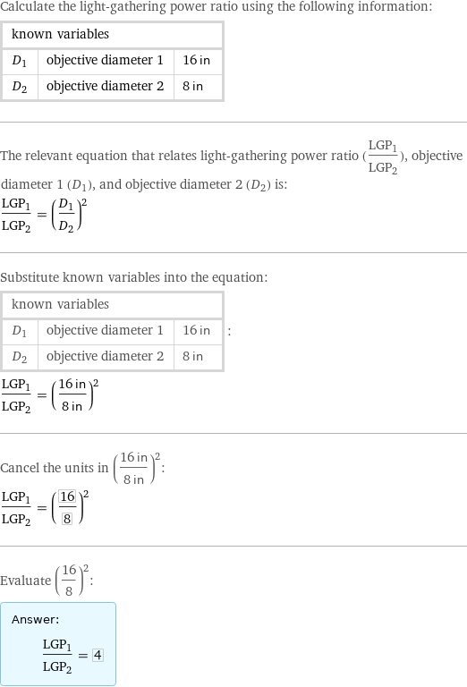 Calculate the light-gathering power ratio using the following information: known variables | |  D_1 | objective diameter 1 | 16 in D_2 | objective diameter 2 | 8 in The relevant equation that relates light-gathering power ratio (LGP_1/LGP_2), objective diameter 1 (D_1), and objective diameter 2 (D_2) is: LGP_1/LGP_2 = (D_1/D_2)^2 Substitute known variables into the equation: known variables | |  D_1 | objective diameter 1 | 16 in D_2 | objective diameter 2 | 8 in | : LGP_1/LGP_2 = ((16 in)/(8 in))^2 Cancel the units in ((16 in)/(8 in))^2: LGP_1/LGP_2 = (16/8)^2 Evaluate (16/8)^2: Answer: |   | LGP_1/LGP_2 = 4