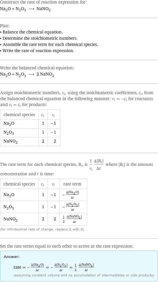 Construct the rate of reaction expression for: Na_2O + N_2O_3 ⟶ NaNO_2 Plan: • Balance the chemical equation. • Determine the stoichiometric numbers. • Assemble the rate term for each chemical species. • Write the rate of reaction expression. Write the balanced chemical equation: Na_2O + N_2O_3 ⟶ 2 NaNO_2 Assign stoichiometric numbers, ν_i, using the stoichiometric coefficients, c_i, from the balanced chemical equation in the following manner: ν_i = -c_i for reactants and ν_i = c_i for products: chemical species | c_i | ν_i Na_2O | 1 | -1 N_2O_3 | 1 | -1 NaNO_2 | 2 | 2 The rate term for each chemical species, B_i, is 1/ν_i(Δ[B_i])/(Δt) where [B_i] is the amount concentration and t is time: chemical species | c_i | ν_i | rate term Na_2O | 1 | -1 | -(Δ[Na2O])/(Δt) N_2O_3 | 1 | -1 | -(Δ[N2O3])/(Δt) NaNO_2 | 2 | 2 | 1/2 (Δ[NaNO2])/(Δt) (for infinitesimal rate of change, replace Δ with d) Set the rate terms equal to each other to arrive at the rate expression: Answer: |   | rate = -(Δ[Na2O])/(Δt) = -(Δ[N2O3])/(Δt) = 1/2 (Δ[NaNO2])/(Δt) (assuming constant volume and no accumulation of intermediates or side products)