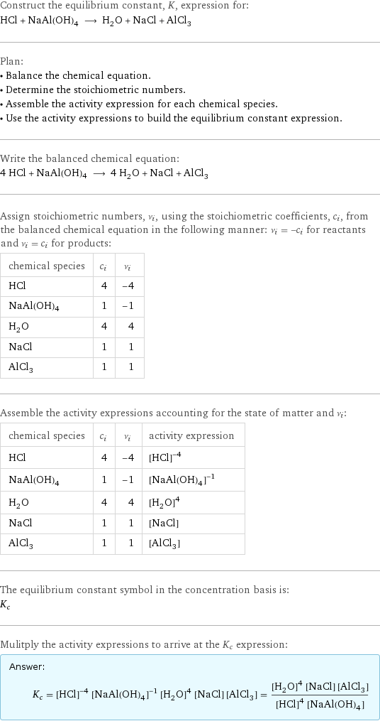 Construct the equilibrium constant, K, expression for: HCl + NaAl(OH)4 ⟶ H_2O + NaCl + AlCl_3 Plan: • Balance the chemical equation. • Determine the stoichiometric numbers. • Assemble the activity expression for each chemical species. • Use the activity expressions to build the equilibrium constant expression. Write the balanced chemical equation: 4 HCl + NaAl(OH)4 ⟶ 4 H_2O + NaCl + AlCl_3 Assign stoichiometric numbers, ν_i, using the stoichiometric coefficients, c_i, from the balanced chemical equation in the following manner: ν_i = -c_i for reactants and ν_i = c_i for products: chemical species | c_i | ν_i HCl | 4 | -4 NaAl(OH)4 | 1 | -1 H_2O | 4 | 4 NaCl | 1 | 1 AlCl_3 | 1 | 1 Assemble the activity expressions accounting for the state of matter and ν_i: chemical species | c_i | ν_i | activity expression HCl | 4 | -4 | ([HCl])^(-4) NaAl(OH)4 | 1 | -1 | ([NaAl(OH)4])^(-1) H_2O | 4 | 4 | ([H2O])^4 NaCl | 1 | 1 | [NaCl] AlCl_3 | 1 | 1 | [AlCl3] The equilibrium constant symbol in the concentration basis is: K_c Mulitply the activity expressions to arrive at the K_c expression: Answer: |   | K_c = ([HCl])^(-4) ([NaAl(OH)4])^(-1) ([H2O])^4 [NaCl] [AlCl3] = (([H2O])^4 [NaCl] [AlCl3])/(([HCl])^4 [NaAl(OH)4])