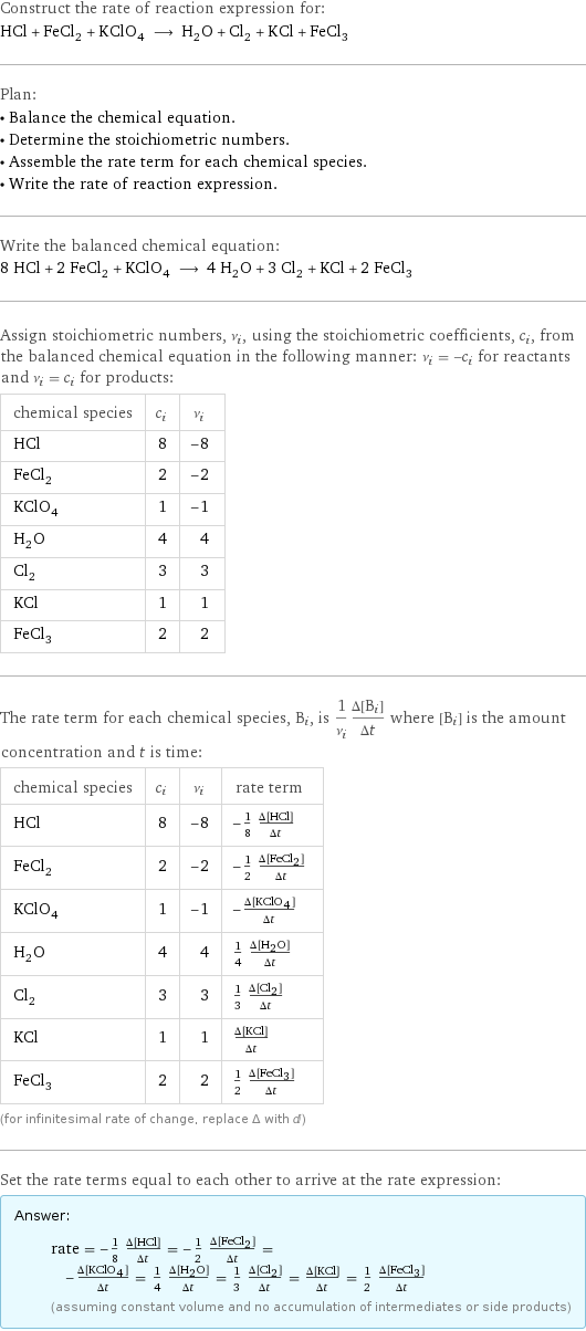 Construct the rate of reaction expression for: HCl + FeCl_2 + KClO_4 ⟶ H_2O + Cl_2 + KCl + FeCl_3 Plan: • Balance the chemical equation. • Determine the stoichiometric numbers. • Assemble the rate term for each chemical species. • Write the rate of reaction expression. Write the balanced chemical equation: 8 HCl + 2 FeCl_2 + KClO_4 ⟶ 4 H_2O + 3 Cl_2 + KCl + 2 FeCl_3 Assign stoichiometric numbers, ν_i, using the stoichiometric coefficients, c_i, from the balanced chemical equation in the following manner: ν_i = -c_i for reactants and ν_i = c_i for products: chemical species | c_i | ν_i HCl | 8 | -8 FeCl_2 | 2 | -2 KClO_4 | 1 | -1 H_2O | 4 | 4 Cl_2 | 3 | 3 KCl | 1 | 1 FeCl_3 | 2 | 2 The rate term for each chemical species, B_i, is 1/ν_i(Δ[B_i])/(Δt) where [B_i] is the amount concentration and t is time: chemical species | c_i | ν_i | rate term HCl | 8 | -8 | -1/8 (Δ[HCl])/(Δt) FeCl_2 | 2 | -2 | -1/2 (Δ[FeCl2])/(Δt) KClO_4 | 1 | -1 | -(Δ[KClO4])/(Δt) H_2O | 4 | 4 | 1/4 (Δ[H2O])/(Δt) Cl_2 | 3 | 3 | 1/3 (Δ[Cl2])/(Δt) KCl | 1 | 1 | (Δ[KCl])/(Δt) FeCl_3 | 2 | 2 | 1/2 (Δ[FeCl3])/(Δt) (for infinitesimal rate of change, replace Δ with d) Set the rate terms equal to each other to arrive at the rate expression: Answer: |   | rate = -1/8 (Δ[HCl])/(Δt) = -1/2 (Δ[FeCl2])/(Δt) = -(Δ[KClO4])/(Δt) = 1/4 (Δ[H2O])/(Δt) = 1/3 (Δ[Cl2])/(Δt) = (Δ[KCl])/(Δt) = 1/2 (Δ[FeCl3])/(Δt) (assuming constant volume and no accumulation of intermediates or side products)