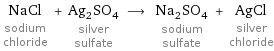 NaCl sodium chloride + Ag_2SO_4 silver sulfate ⟶ Na_2SO_4 sodium sulfate + AgCl silver chloride