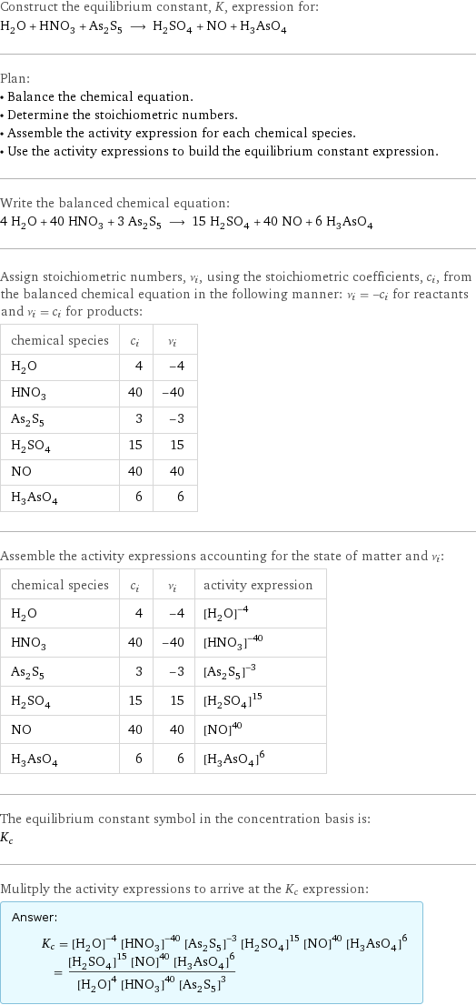 Construct the equilibrium constant, K, expression for: H_2O + HNO_3 + As_2S_5 ⟶ H_2SO_4 + NO + H_3AsO_4 Plan: • Balance the chemical equation. • Determine the stoichiometric numbers. • Assemble the activity expression for each chemical species. • Use the activity expressions to build the equilibrium constant expression. Write the balanced chemical equation: 4 H_2O + 40 HNO_3 + 3 As_2S_5 ⟶ 15 H_2SO_4 + 40 NO + 6 H_3AsO_4 Assign stoichiometric numbers, ν_i, using the stoichiometric coefficients, c_i, from the balanced chemical equation in the following manner: ν_i = -c_i for reactants and ν_i = c_i for products: chemical species | c_i | ν_i H_2O | 4 | -4 HNO_3 | 40 | -40 As_2S_5 | 3 | -3 H_2SO_4 | 15 | 15 NO | 40 | 40 H_3AsO_4 | 6 | 6 Assemble the activity expressions accounting for the state of matter and ν_i: chemical species | c_i | ν_i | activity expression H_2O | 4 | -4 | ([H2O])^(-4) HNO_3 | 40 | -40 | ([HNO3])^(-40) As_2S_5 | 3 | -3 | ([As2S5])^(-3) H_2SO_4 | 15 | 15 | ([H2SO4])^15 NO | 40 | 40 | ([NO])^40 H_3AsO_4 | 6 | 6 | ([H3AsO4])^6 The equilibrium constant symbol in the concentration basis is: K_c Mulitply the activity expressions to arrive at the K_c expression: Answer: |   | K_c = ([H2O])^(-4) ([HNO3])^(-40) ([As2S5])^(-3) ([H2SO4])^15 ([NO])^40 ([H3AsO4])^6 = (([H2SO4])^15 ([NO])^40 ([H3AsO4])^6)/(([H2O])^4 ([HNO3])^40 ([As2S5])^3)