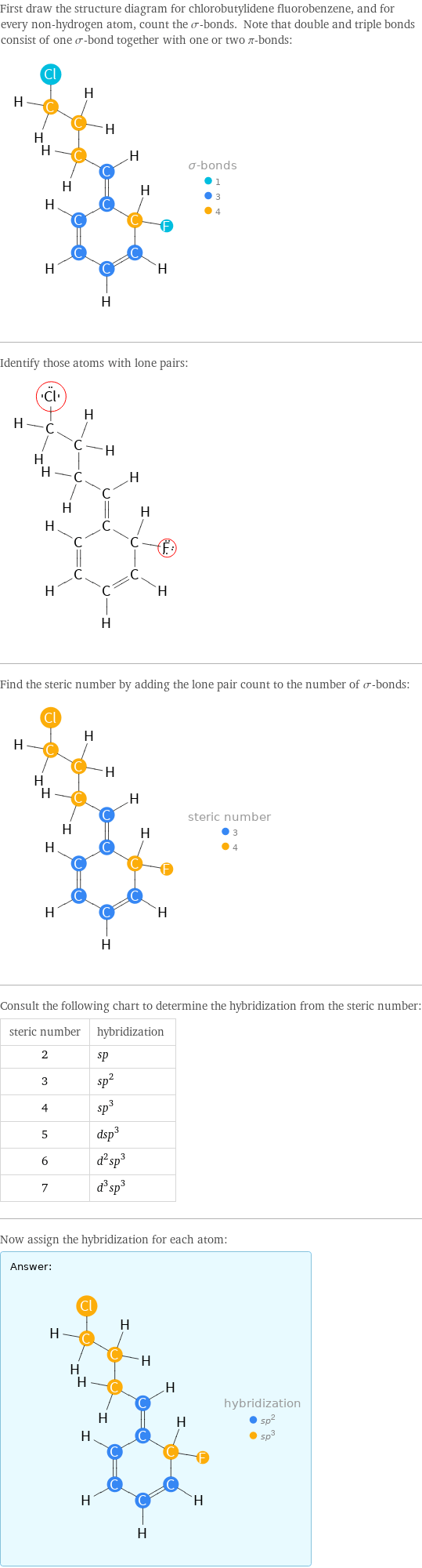 First draw the structure diagram for chlorobutylidene fluorobenzene, and for every non-hydrogen atom, count the σ-bonds. Note that double and triple bonds consist of one σ-bond together with one or two π-bonds:  Identify those atoms with lone pairs:  Find the steric number by adding the lone pair count to the number of σ-bonds:  Consult the following chart to determine the hybridization from the steric number: steric number | hybridization 2 | sp 3 | sp^2 4 | sp^3 5 | dsp^3 6 | d^2sp^3 7 | d^3sp^3 Now assign the hybridization for each atom: Answer: |   | 