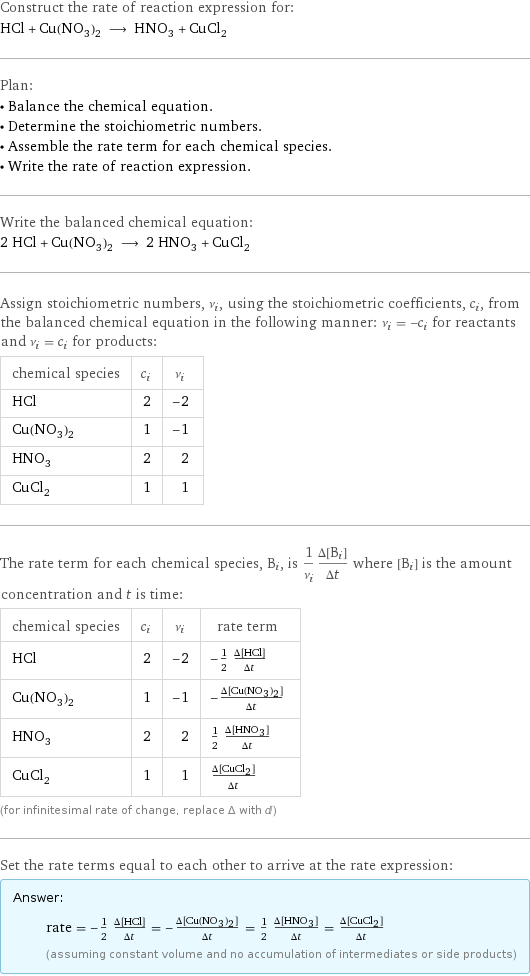 Construct the rate of reaction expression for: HCl + Cu(NO_3)_2 ⟶ HNO_3 + CuCl_2 Plan: • Balance the chemical equation. • Determine the stoichiometric numbers. • Assemble the rate term for each chemical species. • Write the rate of reaction expression. Write the balanced chemical equation: 2 HCl + Cu(NO_3)_2 ⟶ 2 HNO_3 + CuCl_2 Assign stoichiometric numbers, ν_i, using the stoichiometric coefficients, c_i, from the balanced chemical equation in the following manner: ν_i = -c_i for reactants and ν_i = c_i for products: chemical species | c_i | ν_i HCl | 2 | -2 Cu(NO_3)_2 | 1 | -1 HNO_3 | 2 | 2 CuCl_2 | 1 | 1 The rate term for each chemical species, B_i, is 1/ν_i(Δ[B_i])/(Δt) where [B_i] is the amount concentration and t is time: chemical species | c_i | ν_i | rate term HCl | 2 | -2 | -1/2 (Δ[HCl])/(Δt) Cu(NO_3)_2 | 1 | -1 | -(Δ[Cu(NO3)2])/(Δt) HNO_3 | 2 | 2 | 1/2 (Δ[HNO3])/(Δt) CuCl_2 | 1 | 1 | (Δ[CuCl2])/(Δt) (for infinitesimal rate of change, replace Δ with d) Set the rate terms equal to each other to arrive at the rate expression: Answer: |   | rate = -1/2 (Δ[HCl])/(Δt) = -(Δ[Cu(NO3)2])/(Δt) = 1/2 (Δ[HNO3])/(Δt) = (Δ[CuCl2])/(Δt) (assuming constant volume and no accumulation of intermediates or side products)