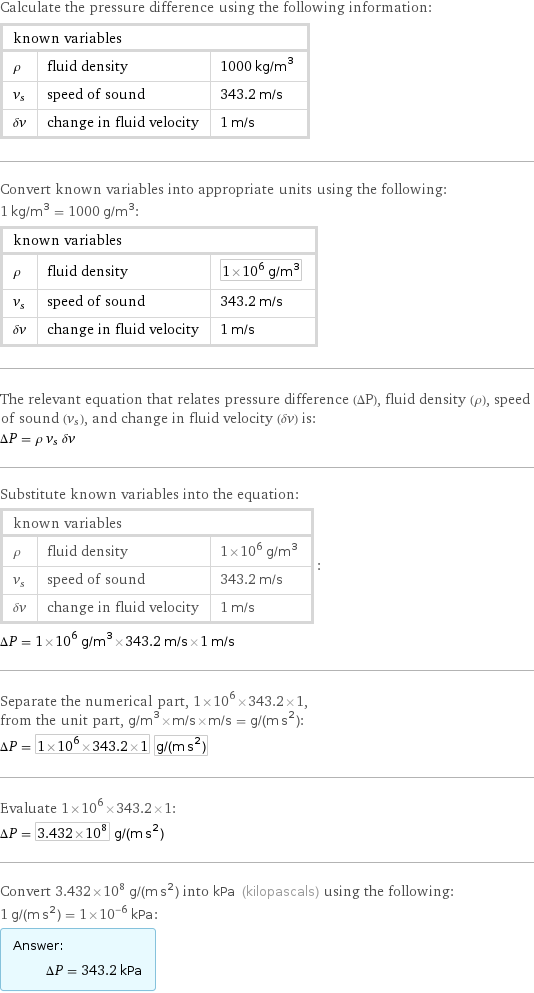 Calculate the pressure difference using the following information: known variables | |  ρ | fluid density | 1000 kg/m^3 v_s | speed of sound | 343.2 m/s δv | change in fluid velocity | 1 m/s Convert known variables into appropriate units using the following: 1 kg/m^3 = 1000 g/m^3: known variables | |  ρ | fluid density | 1×10^6 g/m^3 v_s | speed of sound | 343.2 m/s δv | change in fluid velocity | 1 m/s The relevant equation that relates pressure difference (ΔP), fluid density (ρ), speed of sound (v_s), and change in fluid velocity (δv) is: ΔP = ρ v_s δv Substitute known variables into the equation: known variables | |  ρ | fluid density | 1×10^6 g/m^3 v_s | speed of sound | 343.2 m/s δv | change in fluid velocity | 1 m/s | : ΔP = 1×10^6 g/m^3×343.2 m/s×1 m/s Separate the numerical part, 1×10^6×343.2×1, from the unit part, g/m^3×m/s×m/s = g/(m s^2): ΔP = 1×10^6×343.2×1 g/(m s^2) Evaluate 1×10^6×343.2×1: ΔP = 3.432×10^8 g/(m s^2) Convert 3.432×10^8 g/(m s^2) into kPa (kilopascals) using the following: 1 g/(m s^2) = 1×10^-6 kPa: Answer: |   | ΔP = 343.2 kPa