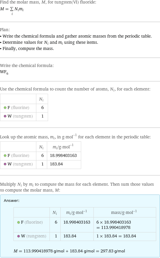 Find the molar mass, M, for tungsten(VI) fluoride: M = sum _iN_im_i Plan: • Write the chemical formula and gather atomic masses from the periodic table. • Determine values for N_i and m_i using these items. • Finally, compute the mass. Write the chemical formula: WF_6 Use the chemical formula to count the number of atoms, N_i, for each element:  | N_i  F (fluorine) | 6  W (tungsten) | 1 Look up the atomic mass, m_i, in g·mol^(-1) for each element in the periodic table:  | N_i | m_i/g·mol^(-1)  F (fluorine) | 6 | 18.998403163  W (tungsten) | 1 | 183.84 Multiply N_i by m_i to compute the mass for each element. Then sum those values to compute the molar mass, M: Answer: |   | | N_i | m_i/g·mol^(-1) | mass/g·mol^(-1)  F (fluorine) | 6 | 18.998403163 | 6 × 18.998403163 = 113.990418978  W (tungsten) | 1 | 183.84 | 1 × 183.84 = 183.84  M = 113.990418978 g/mol + 183.84 g/mol = 297.83 g/mol