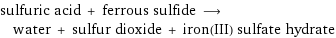 sulfuric acid + ferrous sulfide ⟶ water + sulfur dioxide + iron(III) sulfate hydrate