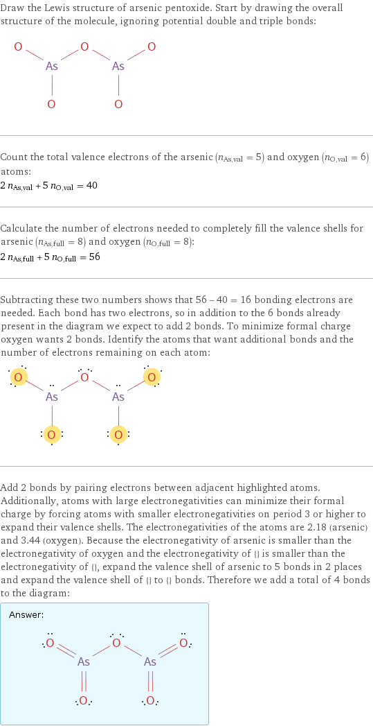 Draw the Lewis structure of arsenic pentoxide. Start by drawing the overall structure of the molecule, ignoring potential double and triple bonds:  Count the total valence electrons of the arsenic (n_As, val = 5) and oxygen (n_O, val = 6) atoms: 2 n_As, val + 5 n_O, val = 40 Calculate the number of electrons needed to completely fill the valence shells for arsenic (n_As, full = 8) and oxygen (n_O, full = 8): 2 n_As, full + 5 n_O, full = 56 Subtracting these two numbers shows that 56 - 40 = 16 bonding electrons are needed. Each bond has two electrons, so in addition to the 6 bonds already present in the diagram we expect to add 2 bonds. To minimize formal charge oxygen wants 2 bonds. Identify the atoms that want additional bonds and the number of electrons remaining on each atom:  Add 2 bonds by pairing electrons between adjacent highlighted atoms. Additionally, atoms with large electronegativities can minimize their formal charge by forcing atoms with smaller electronegativities on period 3 or higher to expand their valence shells. The electronegativities of the atoms are 2.18 (arsenic) and 3.44 (oxygen). Because the electronegativity of arsenic is smaller than the electronegativity of oxygen and the electronegativity of {} is smaller than the electronegativity of {}, expand the valence shell of arsenic to 5 bonds in 2 places and expand the valence shell of {} to {} bonds. Therefore we add a total of 4 bonds to the diagram: Answer: |   | 