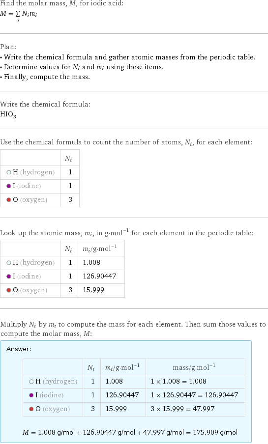 Find the molar mass, M, for iodic acid: M = sum _iN_im_i Plan: • Write the chemical formula and gather atomic masses from the periodic table. • Determine values for N_i and m_i using these items. • Finally, compute the mass. Write the chemical formula: HIO_3 Use the chemical formula to count the number of atoms, N_i, for each element:  | N_i  H (hydrogen) | 1  I (iodine) | 1  O (oxygen) | 3 Look up the atomic mass, m_i, in g·mol^(-1) for each element in the periodic table:  | N_i | m_i/g·mol^(-1)  H (hydrogen) | 1 | 1.008  I (iodine) | 1 | 126.90447  O (oxygen) | 3 | 15.999 Multiply N_i by m_i to compute the mass for each element. Then sum those values to compute the molar mass, M: Answer: |   | | N_i | m_i/g·mol^(-1) | mass/g·mol^(-1)  H (hydrogen) | 1 | 1.008 | 1 × 1.008 = 1.008  I (iodine) | 1 | 126.90447 | 1 × 126.90447 = 126.90447  O (oxygen) | 3 | 15.999 | 3 × 15.999 = 47.997  M = 1.008 g/mol + 126.90447 g/mol + 47.997 g/mol = 175.909 g/mol