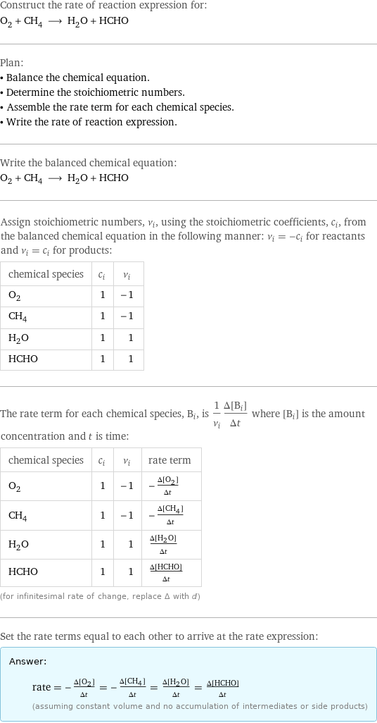 Construct the rate of reaction expression for: O_2 + CH_4 ⟶ H_2O + HCHO Plan: • Balance the chemical equation. • Determine the stoichiometric numbers. • Assemble the rate term for each chemical species. • Write the rate of reaction expression. Write the balanced chemical equation: O_2 + CH_4 ⟶ H_2O + HCHO Assign stoichiometric numbers, ν_i, using the stoichiometric coefficients, c_i, from the balanced chemical equation in the following manner: ν_i = -c_i for reactants and ν_i = c_i for products: chemical species | c_i | ν_i O_2 | 1 | -1 CH_4 | 1 | -1 H_2O | 1 | 1 HCHO | 1 | 1 The rate term for each chemical species, B_i, is 1/ν_i(Δ[B_i])/(Δt) where [B_i] is the amount concentration and t is time: chemical species | c_i | ν_i | rate term O_2 | 1 | -1 | -(Δ[O2])/(Δt) CH_4 | 1 | -1 | -(Δ[CH4])/(Δt) H_2O | 1 | 1 | (Δ[H2O])/(Δt) HCHO | 1 | 1 | (Δ[HCHO])/(Δt) (for infinitesimal rate of change, replace Δ with d) Set the rate terms equal to each other to arrive at the rate expression: Answer: |   | rate = -(Δ[O2])/(Δt) = -(Δ[CH4])/(Δt) = (Δ[H2O])/(Δt) = (Δ[HCHO])/(Δt) (assuming constant volume and no accumulation of intermediates or side products)