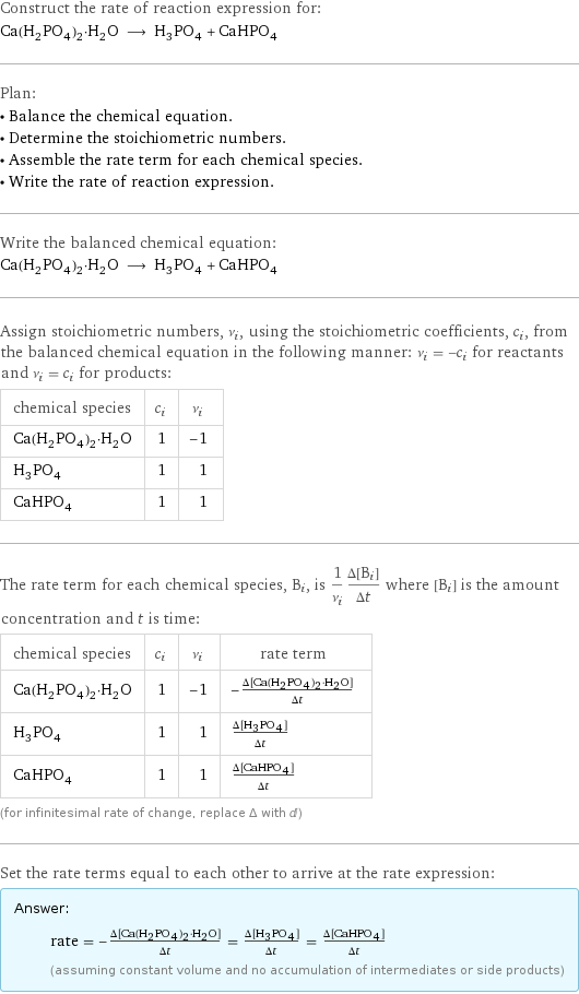 Construct the rate of reaction expression for: Ca(H_2PO_4)_2·H_2O ⟶ H_3PO_4 + CaHPO_4 Plan: • Balance the chemical equation. • Determine the stoichiometric numbers. • Assemble the rate term for each chemical species. • Write the rate of reaction expression. Write the balanced chemical equation: Ca(H_2PO_4)_2·H_2O ⟶ H_3PO_4 + CaHPO_4 Assign stoichiometric numbers, ν_i, using the stoichiometric coefficients, c_i, from the balanced chemical equation in the following manner: ν_i = -c_i for reactants and ν_i = c_i for products: chemical species | c_i | ν_i Ca(H_2PO_4)_2·H_2O | 1 | -1 H_3PO_4 | 1 | 1 CaHPO_4 | 1 | 1 The rate term for each chemical species, B_i, is 1/ν_i(Δ[B_i])/(Δt) where [B_i] is the amount concentration and t is time: chemical species | c_i | ν_i | rate term Ca(H_2PO_4)_2·H_2O | 1 | -1 | -(Δ[Ca(H2PO4)2·H2O])/(Δt) H_3PO_4 | 1 | 1 | (Δ[H3PO4])/(Δt) CaHPO_4 | 1 | 1 | (Δ[CaHPO4])/(Δt) (for infinitesimal rate of change, replace Δ with d) Set the rate terms equal to each other to arrive at the rate expression: Answer: |   | rate = -(Δ[Ca(H2PO4)2·H2O])/(Δt) = (Δ[H3PO4])/(Δt) = (Δ[CaHPO4])/(Δt) (assuming constant volume and no accumulation of intermediates or side products)