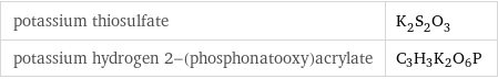 potassium thiosulfate | K_2S_2O_3 potassium hydrogen 2-(phosphonatooxy)acrylate | C_3H_3K_2O_6P