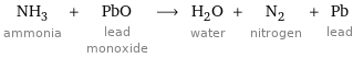 NH_3 ammonia + PbO lead monoxide ⟶ H_2O water + N_2 nitrogen + Pb lead