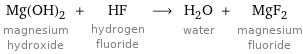 Mg(OH)_2 magnesium hydroxide + HF hydrogen fluoride ⟶ H_2O water + MgF_2 magnesium fluoride