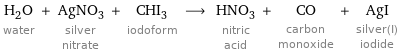 H_2O water + AgNO_3 silver nitrate + CHI_3 iodoform ⟶ HNO_3 nitric acid + CO carbon monoxide + AgI silver(I) iodide