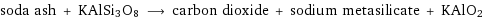 soda ash + KAlSi3O8 ⟶ carbon dioxide + sodium metasilicate + KAlO2