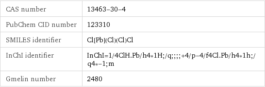 CAS number | 13463-30-4 PubChem CID number | 123310 SMILES identifier | Cl[Pb](Cl)(Cl)Cl InChI identifier | InChI=1/4ClH.Pb/h4*1H;/q;;;;+4/p-4/f4Cl.Pb/h4*1h;/q4*-1;m Gmelin number | 2480