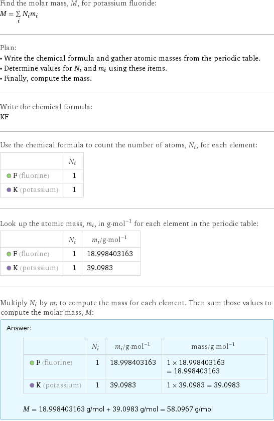 Find the molar mass, M, for potassium fluoride: M = sum _iN_im_i Plan: • Write the chemical formula and gather atomic masses from the periodic table. • Determine values for N_i and m_i using these items. • Finally, compute the mass. Write the chemical formula: KF Use the chemical formula to count the number of atoms, N_i, for each element:  | N_i  F (fluorine) | 1  K (potassium) | 1 Look up the atomic mass, m_i, in g·mol^(-1) for each element in the periodic table:  | N_i | m_i/g·mol^(-1)  F (fluorine) | 1 | 18.998403163  K (potassium) | 1 | 39.0983 Multiply N_i by m_i to compute the mass for each element. Then sum those values to compute the molar mass, M: Answer: |   | | N_i | m_i/g·mol^(-1) | mass/g·mol^(-1)  F (fluorine) | 1 | 18.998403163 | 1 × 18.998403163 = 18.998403163  K (potassium) | 1 | 39.0983 | 1 × 39.0983 = 39.0983  M = 18.998403163 g/mol + 39.0983 g/mol = 58.0967 g/mol