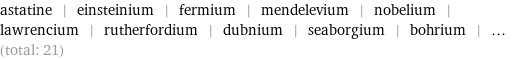 astatine | einsteinium | fermium | mendelevium | nobelium | lawrencium | rutherfordium | dubnium | seaborgium | bohrium | ... (total: 21)