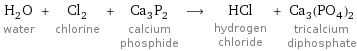 H_2O water + Cl_2 chlorine + Ca_3P_2 calcium phosphide ⟶ HCl hydrogen chloride + Ca_3(PO_4)_2 tricalcium diphosphate