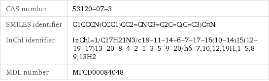 CAS number | 53120-07-3 SMILES identifier | C1CCCN(CCC1)CC2=CNC3=C2C=C(C=C3)C#N InChI identifier | InChI=1/C17H21N3/c18-11-14-6-7-17-16(10-14)15(12-19-17)13-20-8-4-2-1-3-5-9-20/h6-7, 10, 12, 19H, 1-5, 8-9, 13H2 MDL number | MFCD00084048