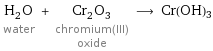 H_2O water + Cr_2O_3 chromium(III) oxide ⟶ Cr(OH)3